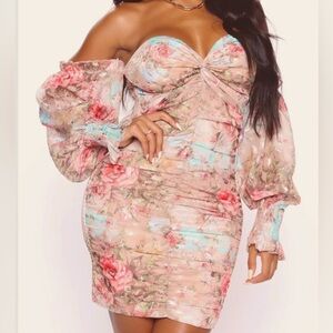 Fashion Nova Floral Long Sleeve Dress - Pink and Cream